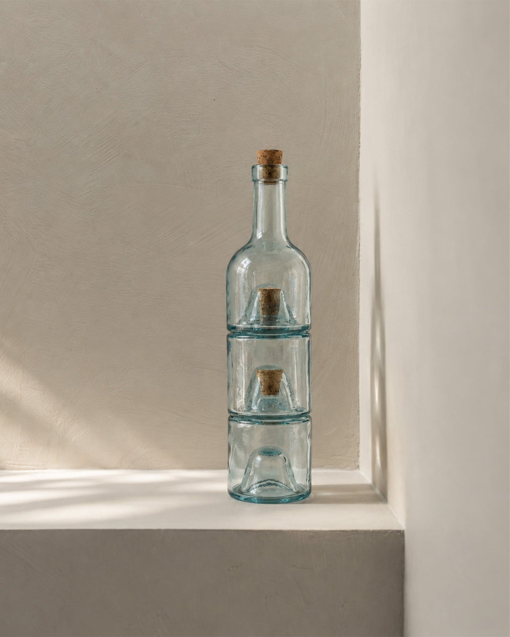Bouteille à huile empilable en verre recyclé – Naturel ou Vert olive - | Maison Baan