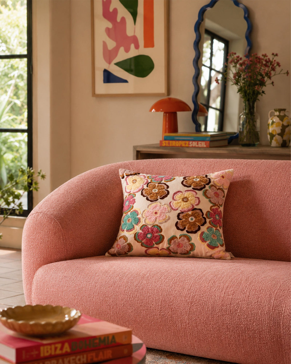 Coussin Carré Coton Brodé Floral Rétro Multicolore 45x45 cm - | Maison Baan