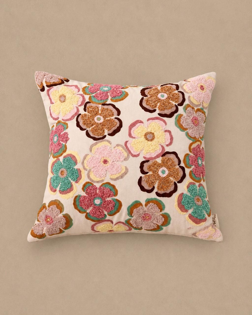 Coussin Carré Coton Brodé Floral Rétro Multicolore 45x45 cm - | Maison Baan