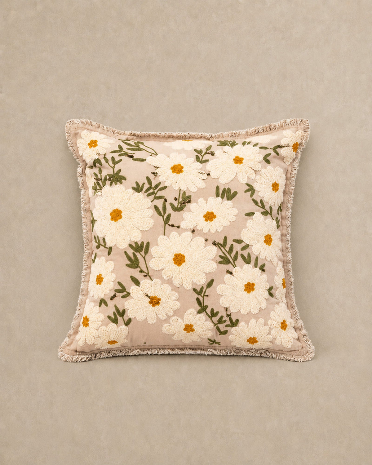 Coussin Carré Coton Brodé Marguerites 45x45 cm - | Maison Baan