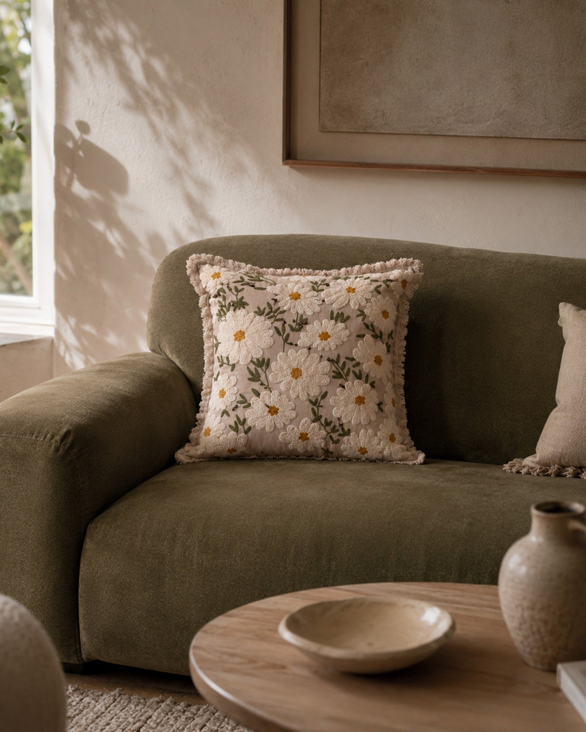Coussin Carré Coton Brodé Marguerites 45x45 cm - | Maison Baan