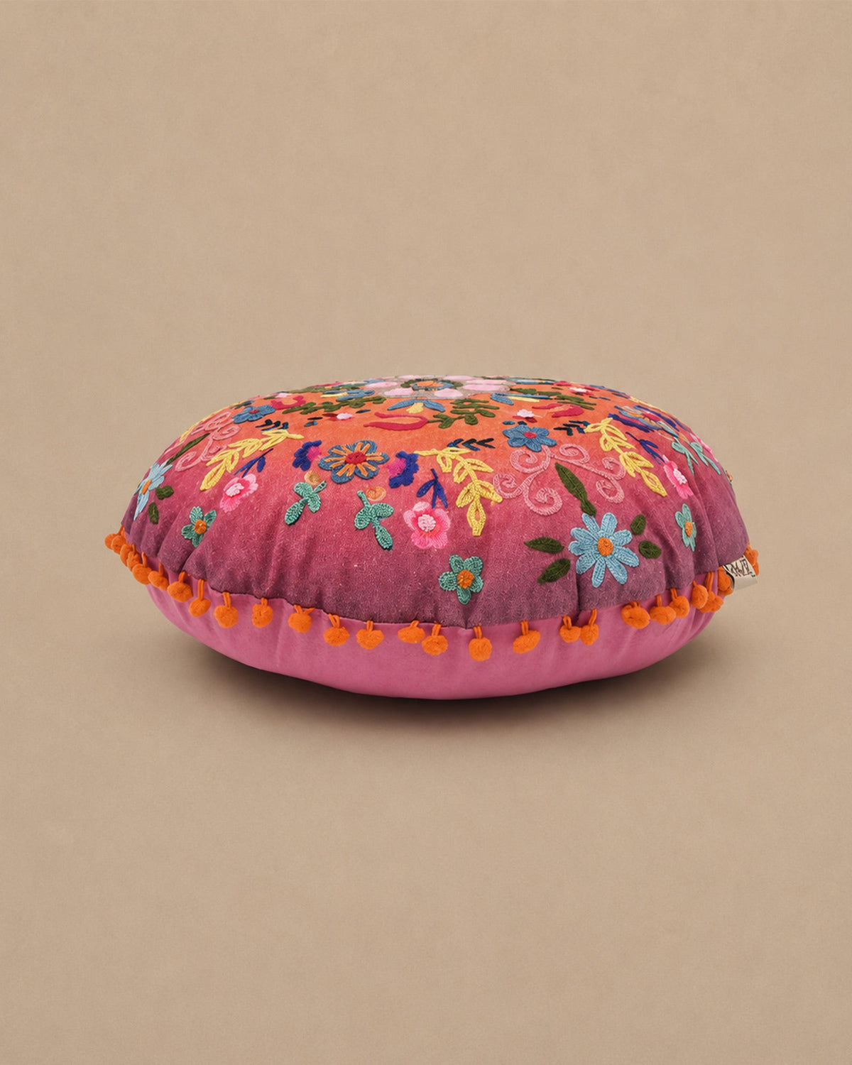 Coussin Rond Rose Coton Brodé Design Floral 50x50 cm - | Maison Baan
