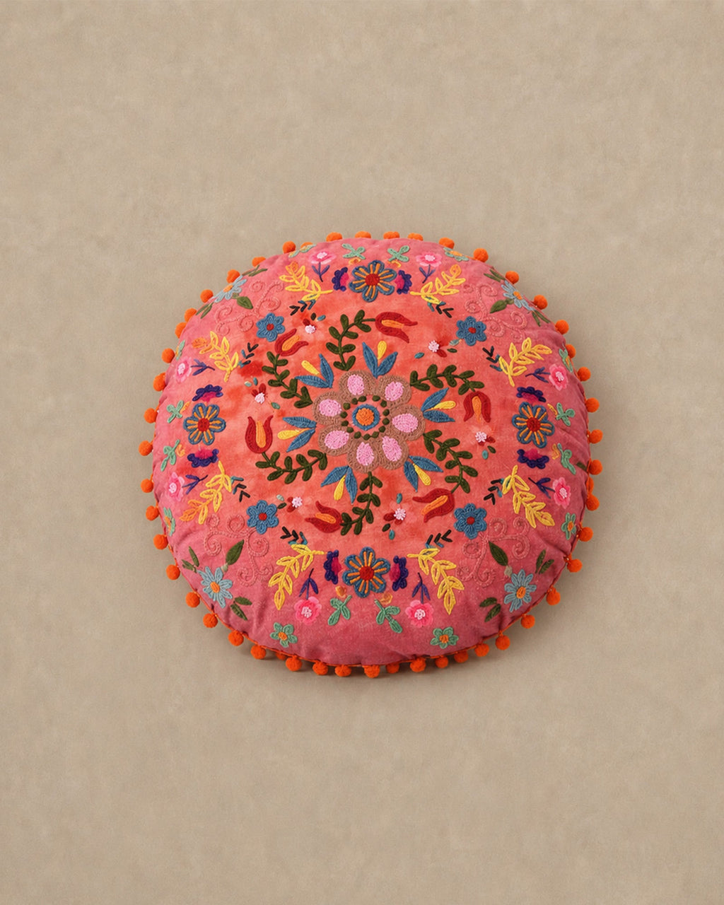 Coussin Rond Rose Coton Brodé Design Floral 50x50 cm - | Maison Baan