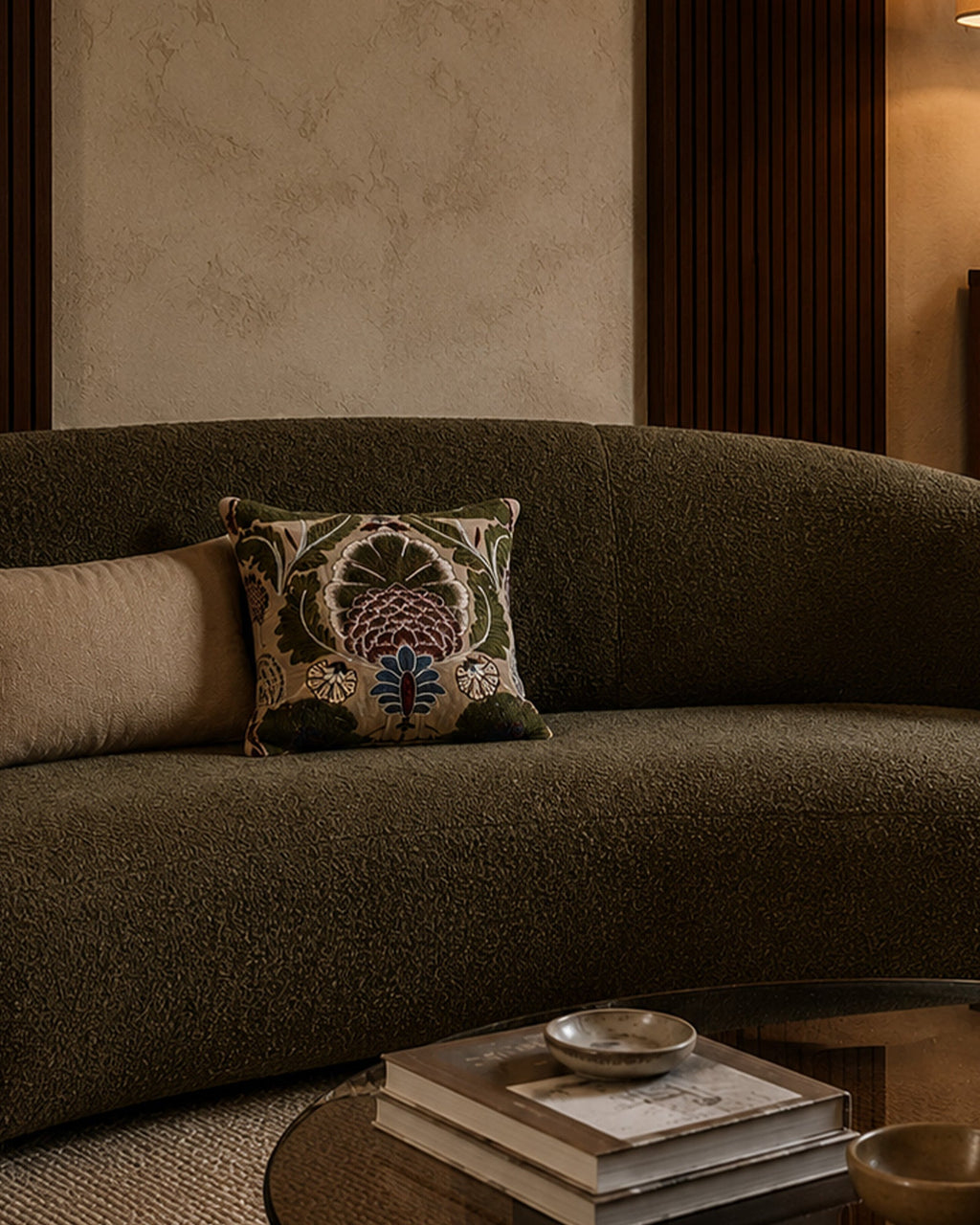 Coussin Vert Carré Velours Brodé Main 45x45 cm - | Maison Baan