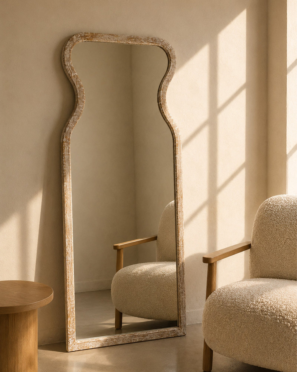 Curved Neck Wall Mirror in Antique White Mango Wood Frame - | Maison Baan