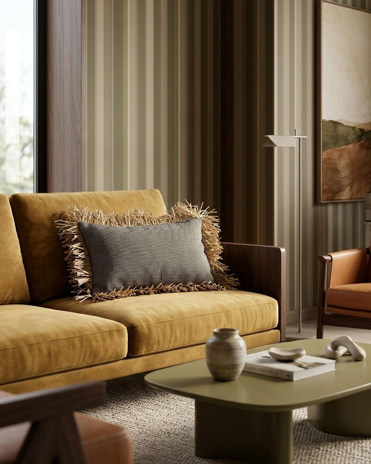 Housse de Coussin Coton Noir à franges en Raphia - Rectangle - | Maison Baan