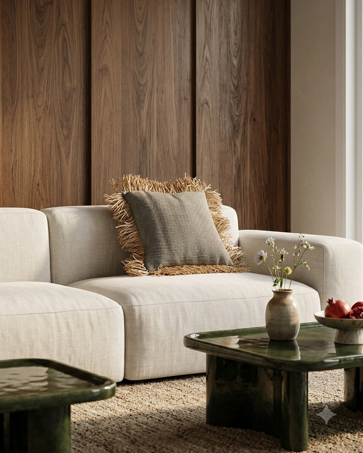 Housse de Coussin Coton Noir à franges raphia - | Maison Baan