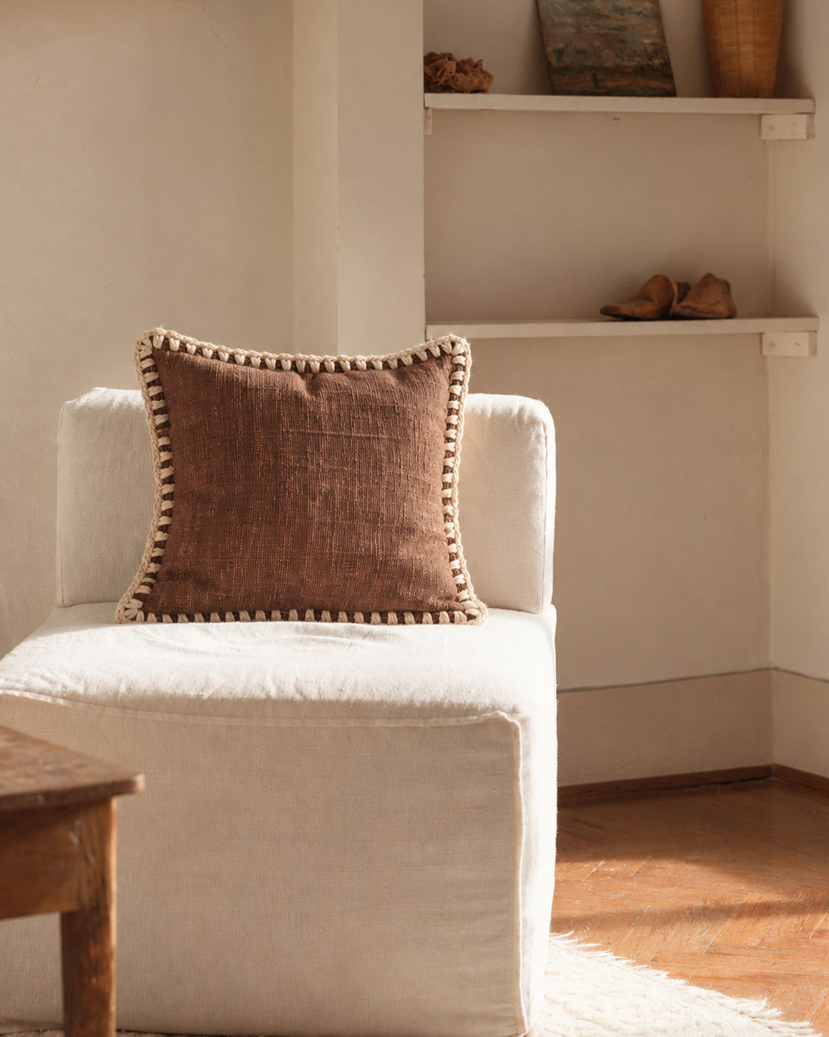 Housse de coussin en coton marron et blanc – 50 × 50 cm - | Maison Baan