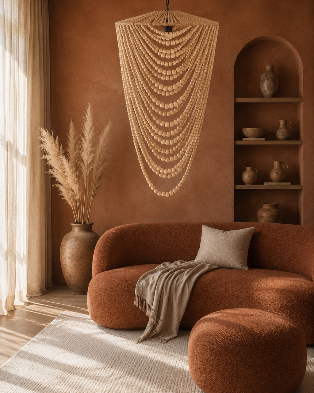 Lustre en Perles de Bois Naturel | Suspension Bohème - | Maison Baan