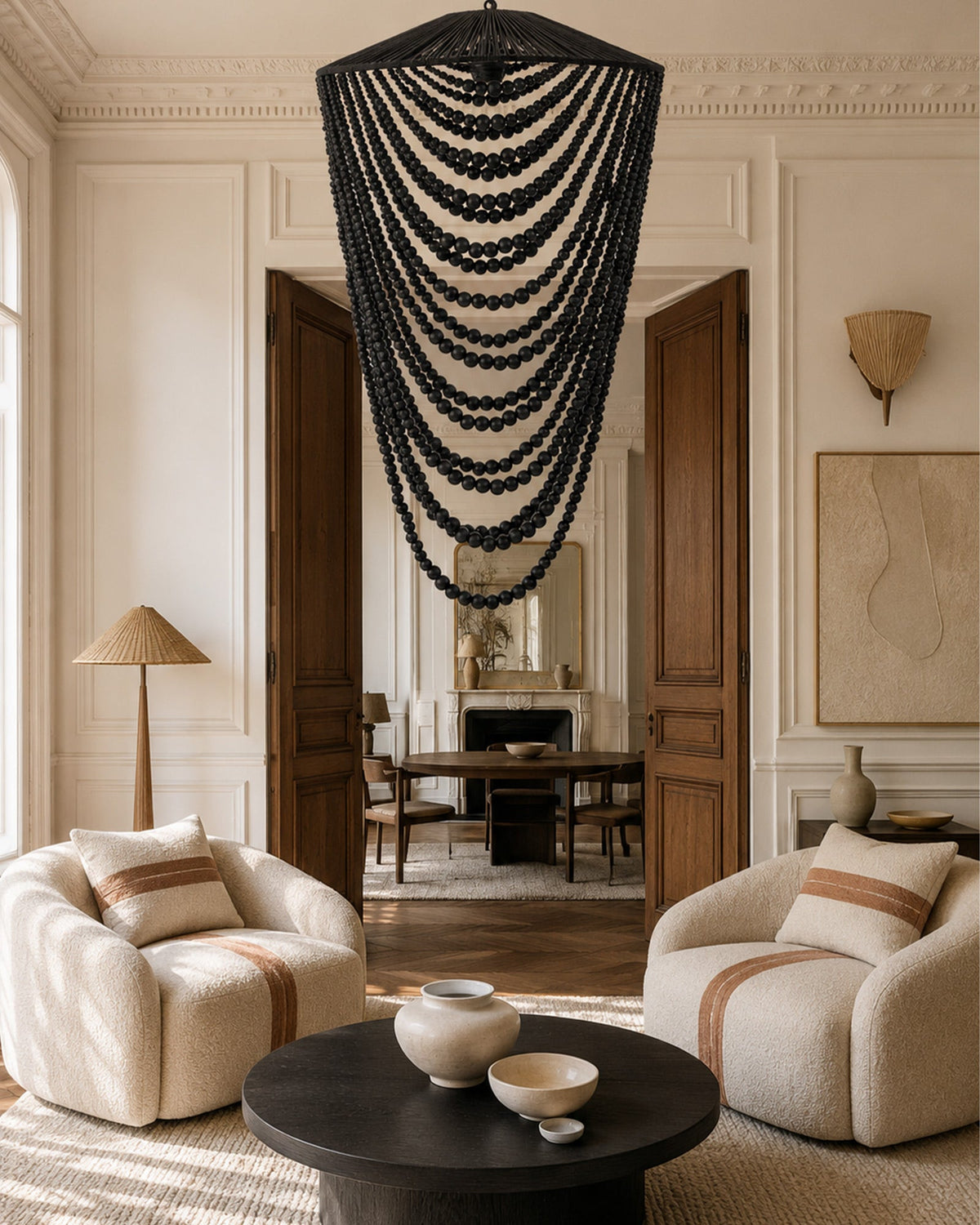 Lustre en Perles de Bois Naturel | Suspension Bohème - | Maison Baan