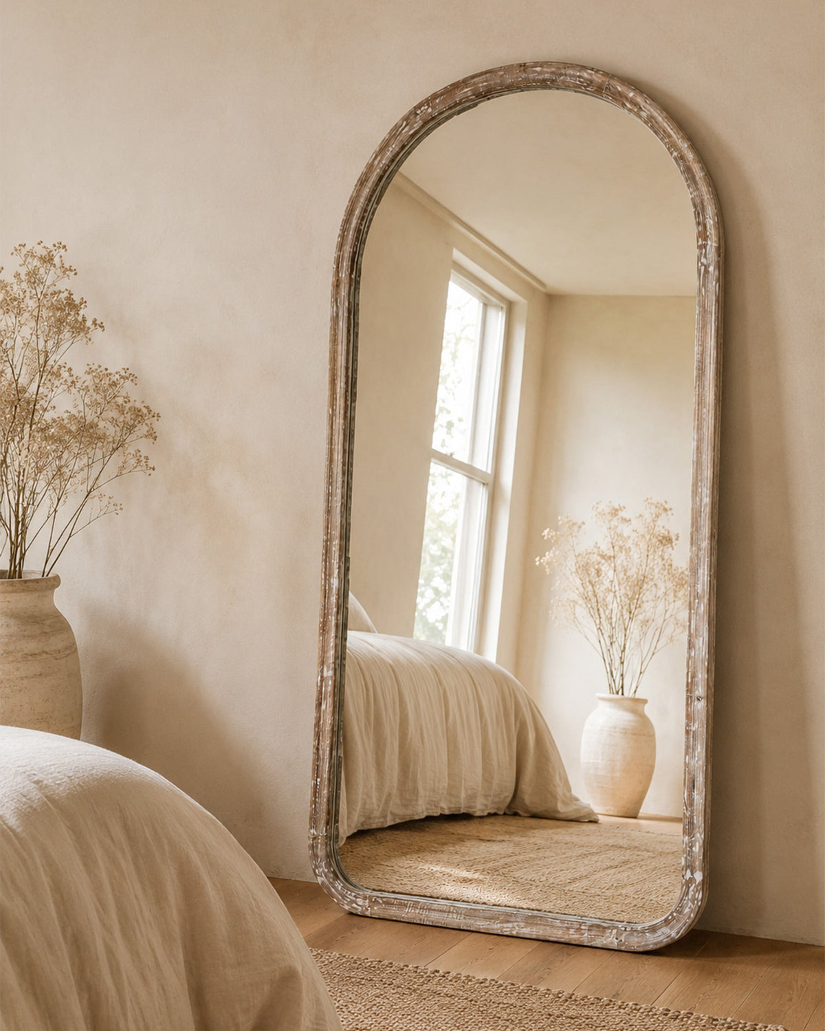 Miroir Mural Arrondi Antique Bois de Manguier 91x183 cm - | Maison Baan
