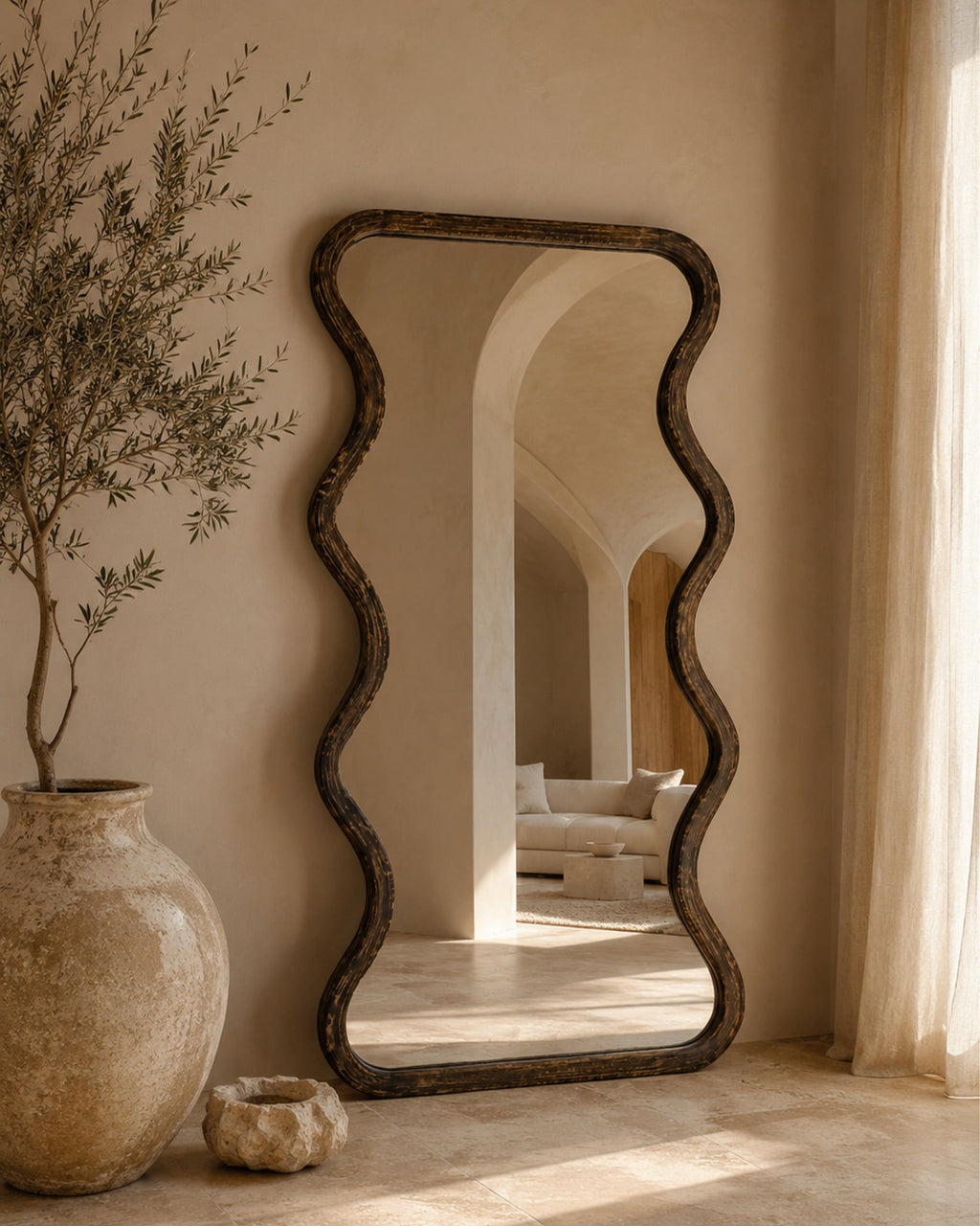 Miroir ondulé brun en bois fait main 90x180 cm - | Maison Baan